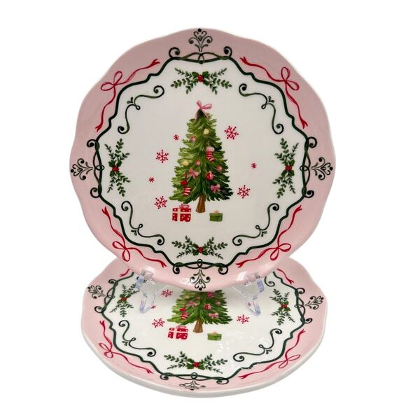 4 Potter's Studio CHRISTMAS TREE PINK Salad Plates 9in Ceramic Bows Holiday New - Picture 15 of 16